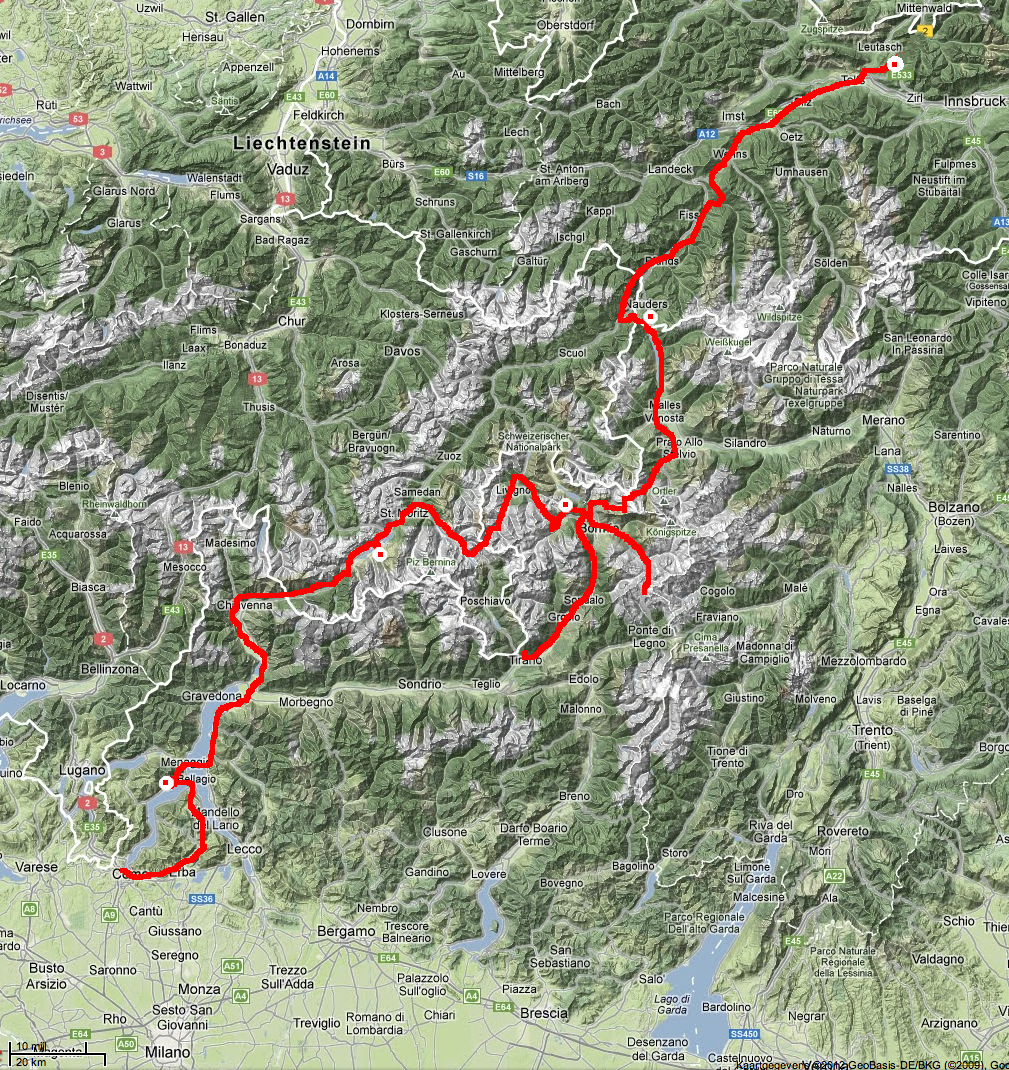 Overzichtskaart van de Oost-Alpentocht 2012